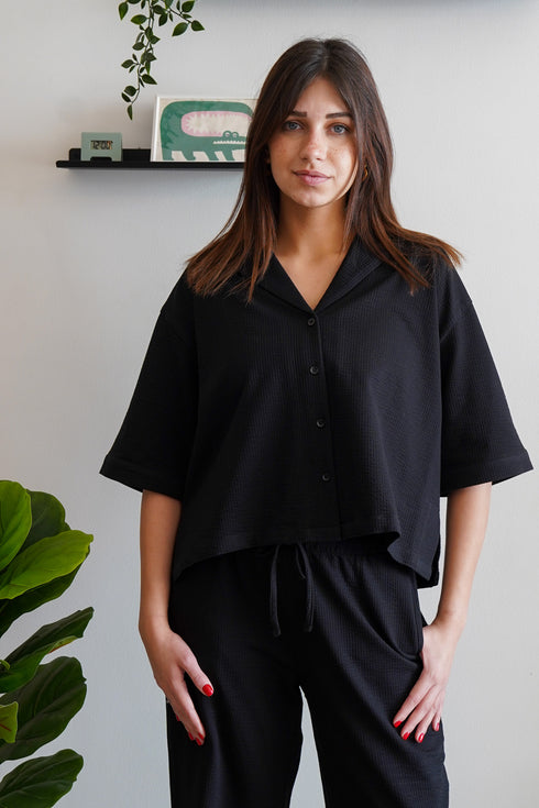 Women summer pajama set Black buttoned Shirt+ Pants